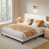 Asofer King Bed Frame with Wingback Headboard, Upholstered Platform Bed with Modern Geometric Headboard, Wooden Slats