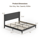 Asofer King Bed Frame with Wingback Headboard, Upholstered Platform Bed with Modern Geometric Headboard, Wooden Slats,Dark Gray