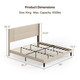 King-size Bed Frame with Wing-back Headboard, Asofer Upholstered Platform Bed with Minimalist Headboard for the Bedroom Beige.