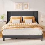 Asofer King Bed Frame with Wingback Headboard, Upholstered Platform Bed with Modern Geometric Headboard, Wooden Slats,Dark Gray