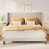 King-size Bed Frame with Wing-back Headboard, Asofer Upholstered Platform Bed with Minimalist Headboard for the Bedroom Beige.