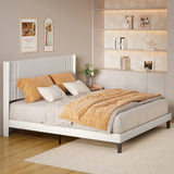 Asofer King Bed Frame with Wingback Headboard, Upholstered Platform Bed with Modern Geometric Headboard, Wooden Slats