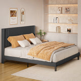 Asofer King Bed Frame with Wingback Headboard, Upholstered Platform Bed with Modern Geometric Headboard, Wooden Slats,Dark Gray