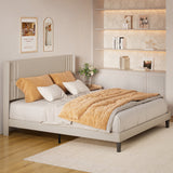King-size Bed Frame with Wing-back Headboard, Asofer Upholstered Platform Bed with Minimalist Headboard for the Bedroom Beige.