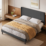 Asofer King Bed Frame with Wingback Headboard, Upholstered Platform Bed with Modern Geometric Headboard, Wooden Slats,Dark Gray