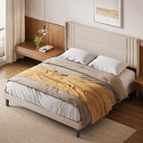 King-size Bed Frame with Wing-back Headboard, Asofer Upholstered Platform Bed with Minimalist Headboard for the Bedroom Beige.