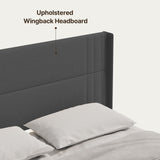 Asofer King Bed Frame with Wingback Headboard, Upholstered Platform Bed with Modern Geometric Headboard, Wooden Slats,Dark Gray