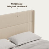 King-size Bed Frame with Wing-back Headboard, Asofer Upholstered Platform Bed with Minimalist Headboard for the Bedroom Beige.