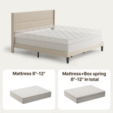 King-size Bed Frame with Wing-back Headboard, Asofer Upholstered Platform Bed with Minimalist Headboard for the Bedroom Beige.