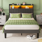 Asofer Full Bed Frame, Modern Upholstered Storage Platform Headboard with USB Charging, Dark Gray