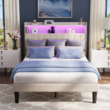 Asofer Full Bed Frame, Modern Upholstered Storage Platform Headboard with USB Charging,Beige