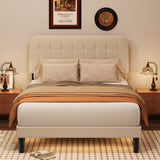 Jolifa Full Platform Bed Frame with Upholstered Headboard and Sturdy Wooden Slats Support, Fully Upholstered Mattress Foundation/No Box Spring Needed/Noise Free/Easy Assembly, Beige