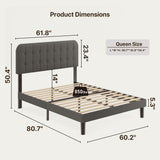 Asofer Queen Bed Frame with Headboard with Sturdy Wooden Slats Support, No Box Spring Needed/Noise Free，Bedroom Furniture,Dark Gray