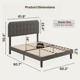 Asofer Queen Bed Frame with Headboard and Wooden Slats, Dark Gray