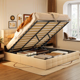 Asofer King Beige Hydraulic Lift Storage Bed Frame, Modern Wingback Upholstered Platform Bed, Noise-Free Wood Slat Support, No Box Spring Required