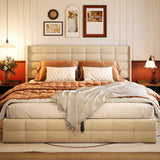 Asofer King Beige Hydraulic Lift Storage Bed Frame, Modern Wingback Upholstered Platform Bed, Noise-Free Wood Slat Support, No Box Spring Required