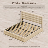 Asofer King Beige Hydraulic Lift Storage Bed Frame, Modern Wingback Upholstered Platform Bed, Noise-Free Wood Slat Support, No Box Spring Required