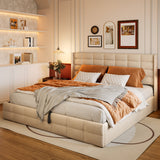 Asofer King Beige Hydraulic Lift Storage Bed Frame, Modern Wingback Upholstered Platform Bed, Noise-Free Wood Slat Support, No Box Spring Required