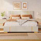 Queen Bed Frame, Asofer Queen Size Beige Upholstered Bed with Headboard, Fabric Platform Bed Frame