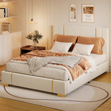 Queen Bed Frame, Asofer Queen Size Beige Upholstered Bed with Headboard, Fabric Platform Bed Frame