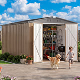 Jolifa 8' x 12' Heavy Duty Metal Storage Shed, Large Outdoor Tool House with Vented & Lockable Double Doors, Light Brown
