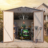 Asofer 8 x 12 FT Galvanized Metal Outdoor Storage Shed, Weatherproof Shed with Gable Roof, 4 Vents & Lockable Double Doors for Backyard Patio Lawn, Light Brown