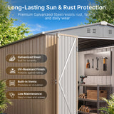 Asofer 8 x 12 FT Galvanized Metal Outdoor Storage Shed, Weatherproof Shed with Gable Roof, 4 Vents & Lockable Double Doors for Backyard Patio Lawn, Light Brown