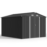 Asofer 10'x10' Outdoor Metal Shed, Galvanized Steel, Waterproof Garden Tool Shed, Dark Gray