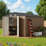Asofer 10x10 FT Outdoor Storage Shed, Large Utility Metal Tool Shed Lockable Doors & Vented Windows for Backyard, Patio, Lawn, Brown