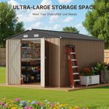 Asofer 10 x 10 FT Galvanized Metal Outdoor Storage Shed, Rustproof Utility Tool Shed, Lockable Double Doors & 4 Side Vents, Waterproof Building for Backyard Patio Lawn, Brown