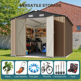 Asofer 10x10 FT Outdoor Storage Shed, Large Utility Metal Tool Shed Lockable Doors & Vented Windows for Backyard, Patio, Lawn, Brown