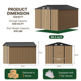 Asofer 10x10 FT Outdoor Storage Shed, Large Utility Metal Tool Shed Lockable Doors & Vented Windows for Backyard, Patio, Lawn, Brown