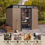 Outdoor Storage Shed, Asofer 8'x6' Metel Shed with Sliding Doors for Patio, Brown