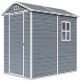 Asofer 6 x 4 ft Resin Outdoor Storage Shed with Floor, Waterproof Backyard Tool Shed, Lockable French Door, Window & Vent, Reinforced Steel Frame, Plastic Storage Shed for Patio, Lawn, Garden