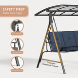 3-seat Outdoor Patio Porch Swing with Adjustable PC Canopy&Cushions,Swing Chair Bench with for Backyard Front Porch Lawn,Blue