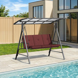 3-seat Outdoor Patio Porch Swing with Adjustable PC Canopy&Cushions, Swing Chair Bench with for Backyard Front Porch Lawn,Burgundy
