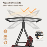3-seat Outdoor Patio Porch Swing with Adjustable PC Canopy&Cushions, Swing Chair Bench with for Backyard Front Porch Lawn,Burgundy