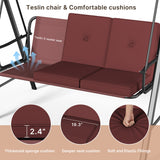 3-seat Outdoor Patio Porch Swing with Adjustable PC Canopy&Cushions, Swing Chair Bench with for Backyard Front Porch Lawn,Burgundy