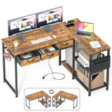 L Shaped Gaming Desk, Lofka 53" L Shaped Desk with Drawers，Office Desk with Power Outlets & 2 * Storage Shelves, CPU Stand for Home Office Bedroom, Retro Desk