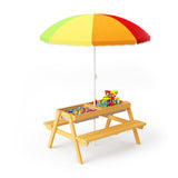 Asofer Outdoor Kids Picnic Table with Umbrella, 3-in-1 Sand & Water Table for Outdoor Playset