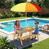 Asofer Outdoor Kids Picnic Table with Umbrella, 3-in-1 Sand & Water Table for Outdoor Playset