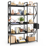Asofer 65" H Reversible Corner Bookshelf, 5 Tier Bookshelf with 4 Hooks, Industrial Display Freestanding Bookcase for Living Room Office, Black