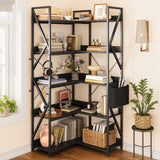 Asofer 65" H Reversible Corner Bookshelf, 5 Tier Bookshelf with 4 Hooks, Industrial Display Freestanding Bookcase for Living Room Office, Black