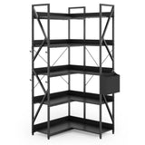Asofer 65" H Reversible Corner Bookshelf, 5 Tier Bookshelf with 4 Hooks, Industrial Display Freestanding Bookcase for Living Room Office, Black