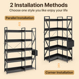 Asofer 65" H Reversible Corner Bookshelf, 5 Tier Bookshelf with 4 Hooks, Industrial Display Freestanding Bookcase for Living Room Office, Black