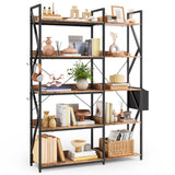 Asofer 65" H Reversible Corner Bookshelf, 5 Tier Bookshelf with 4 Hooks, Industrial Display Freestanding Bookcase for Living Room Office, Retro