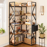 Asofer 65" H Reversible Corner Bookshelf, 5 Tier Bookshelf with 4 Hooks, Industrial Display Freestanding Bookcase for Living Room Office, Retro