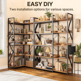 Asofer 65" H Reversible Corner Bookshelf, 5 Tier Bookshelf with 4 Hooks, Industrial Display Freestanding Bookcase for Living Room Office, Retro