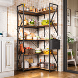 Asofer 65" H Reversible Corner Bookshelf, 5 Tier Bookshelf with 4 Hooks, Industrial Display Freestanding Bookcase for Living Room Office, Retro