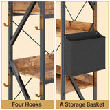 Asofer 65" H Reversible Corner Bookshelf, 5 Tier Bookshelf with 4 Hooks, Industrial Display Freestanding Bookcase for Living Room Office, Retro